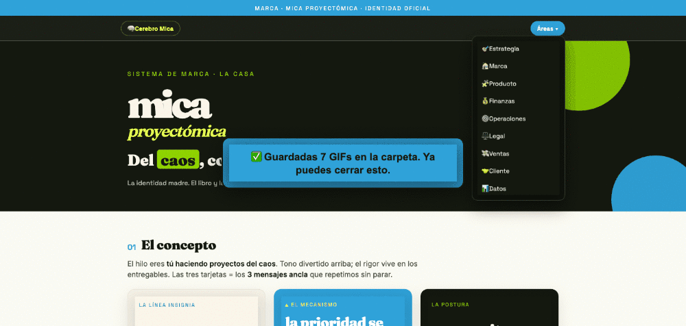 Área de Marca: la identidad Del caos, cosas, la paleta y el menú con las 9 áreas desplegándose
