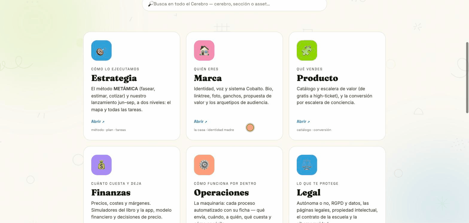 Recorrido por las 9 áreas de un cerebro: el hub, scroll por las tarjetas, entrar en un área y volver, con el menú de navegación